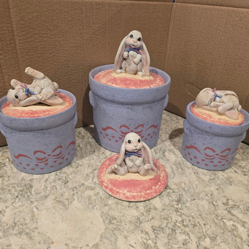 Easter Bunny Planters Pots Ceramic Lavender Set of 3 with Lids